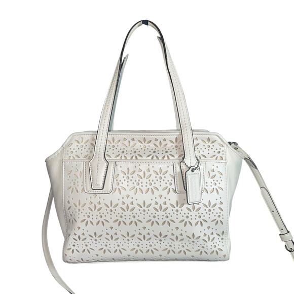 Coach Taylor Eyelet Leather Mini Tote Crossbody White Cutout Satchel Handbag - Picture 1 of 12